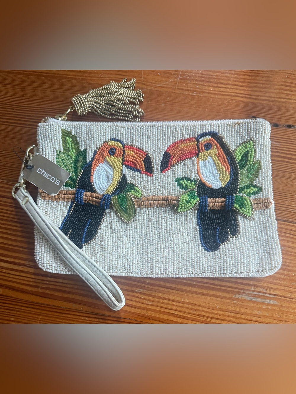 CHICOS Beaded Toucan Wristlet Clutch NEW